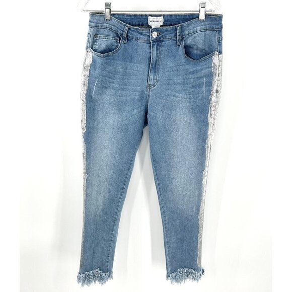 For The Republic Denim - FOR THE REPUBLIC METALLIC SILVER SIDE FRINGE BOTTOM DENIM JEANS - 10